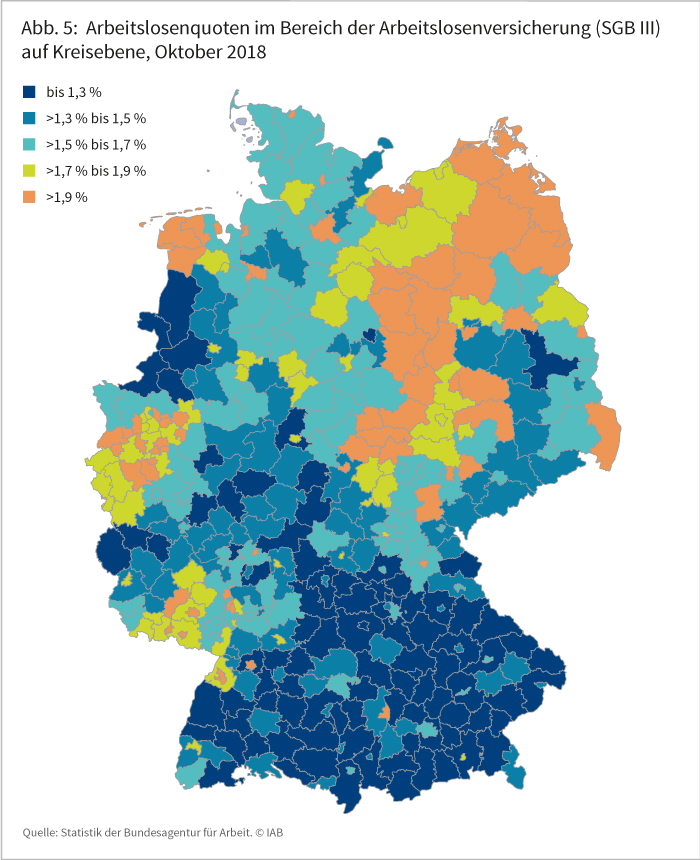 Abbildung 5: Arbeitslosenquoten im Bereich der Arbeitslosenversicherung (SGB III) auf Kreisebene, Oktober 2018