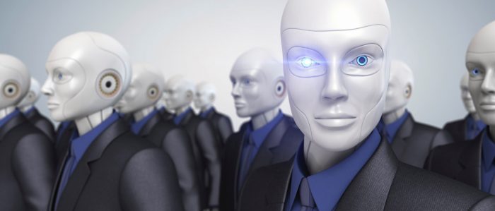 Gruppe von Robotermenschen im Anzug
