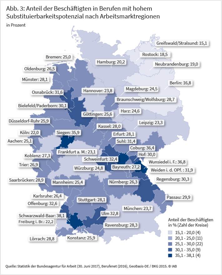 Abbildung 3: Anteil der Beschäftigten in Berufen mit hohem Substituierbarkeitspotenzial nach Arbeitsmarktregionen