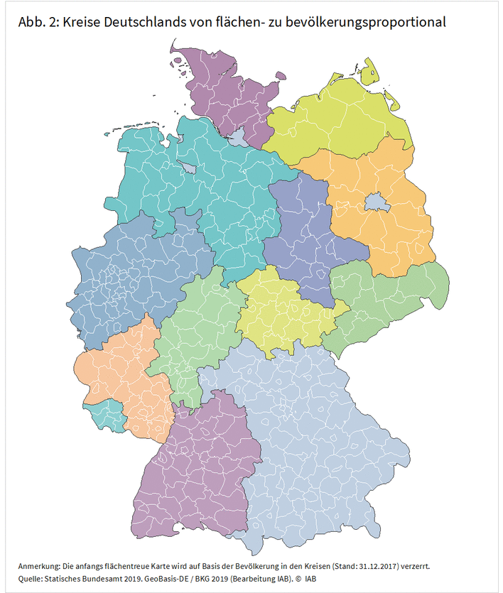Abbildung 2: Kreise Deutschlands von flächen- zu bevölkerungsproportional
