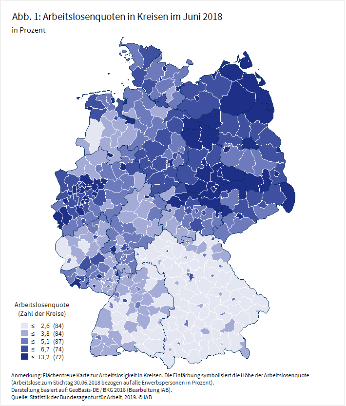 Abbildung 1: Arbeitslosenquoten in Kreisen im Juni 2018