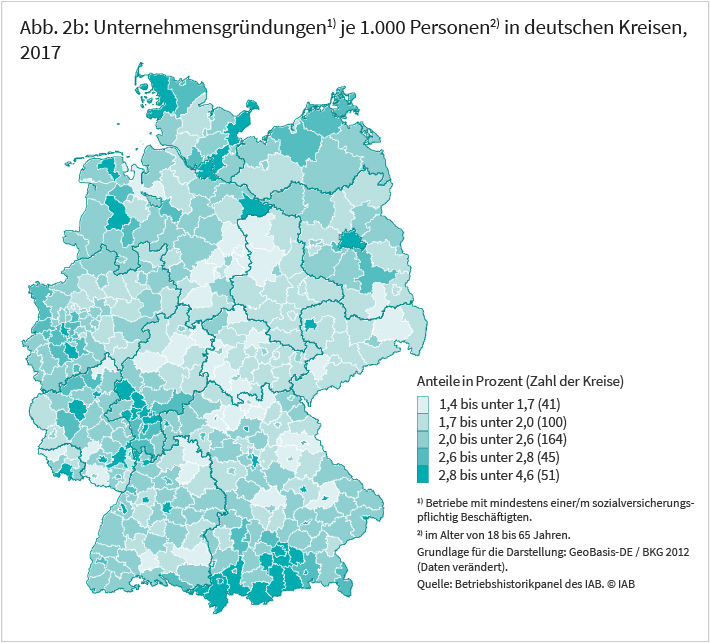 Unternehmensgründungen je 1000 Personen in deutschen Kreisen, 2017