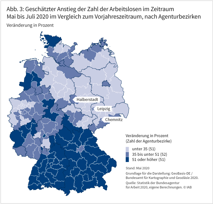 Abbildung 3: Geschätzter Anstieg der Zahl der Arbeitslosen im Zeitraum Mai bis Juli 2020 im Vergleich zum Vorjahreszeitraum, nach Agenturbezirken