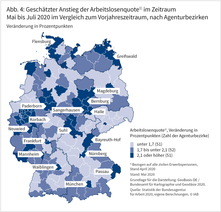 Abbildung 4: Geschätzter Anstieg der Arbeitslosenquote im Zeitraum Mai bis Juli 2020 im Vergleich zum Vorjahreszeitraum, nach Agenturbezirken