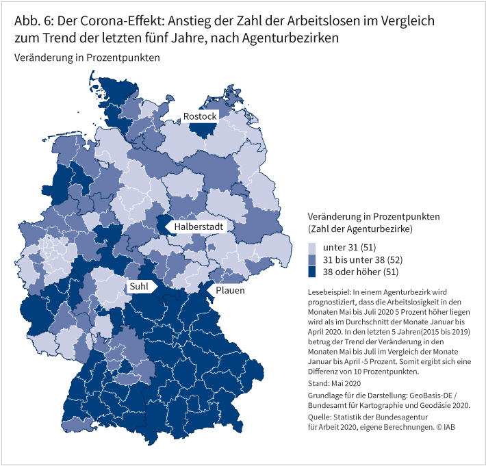 Abbildung 6: Der Corona-Effekt: Anstieg der Zahl der Arbeitslosen im Vergleich zum Trend der letzten fünf Jahre, nach Agenturbezirken