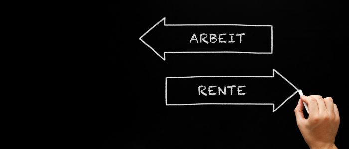 Pfeil "Arbeit", der nach links zeigt sowie Pfeil "Rente" der nach rechts zeigt