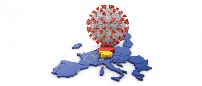 Darstellung der EU-Mitgliedsstaaten, inklusive Großbritannien in Kartenform. Oben drüber schwebt das Corona-Virus.