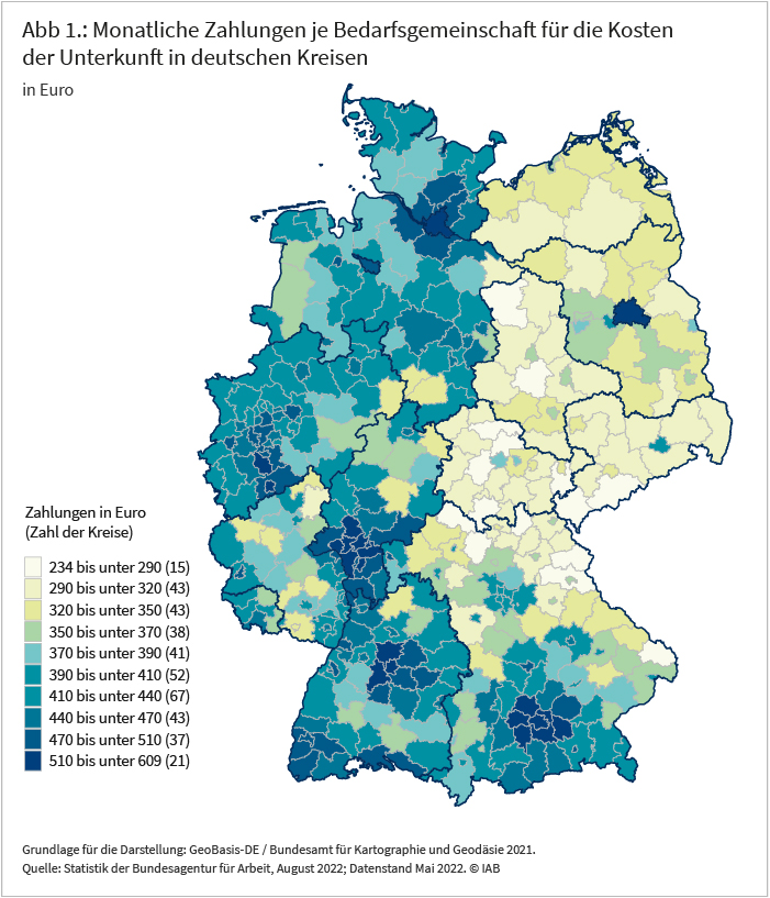 Die Karte zeigt die monatlichen Zahlungen je Bedarfsgemeinschaft für die Kosten der Unterkunft in deutschen Kreisen für Mai 2022. Dies liegen zwischen 234 und 609 Euro. Während die Zahlungen insbesondere im Großteil Ostdeutschlands und in den nördlichsten Kreisen Bayerns im Schnitt sehr niedrig sind, fallen sie in den meisten westdeutschen Ballungsräumen sowie in Berlin hoch bis sehr hoch aus. Quelle: Statistik der Bundesagentur für Arbeit