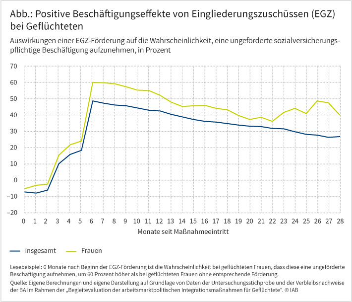 Die Abbildung zeigt die positiven Effekte von Eingliederungszuschüssen (EGZ) bei Geflüchteten auf die Wahrscheinlichkeit, eine ungeförderte sozialversicherungspflichtige Beschäftigung aufzunehmen, in Prozent. Die Wahrscheinlichkeit steigt in den ersten sechs Monaten nach Maßnahmeeintritt kontinuierlich. Der größte Anstieg findet zwischen dem zweiten und sechsten Monat statt (bis zu 60 Prozent), während der Effekt in den darauffolgenden Monaten (7 -28) wieder leicht abfällt. Bei Frauen ist der positive Effekt noch etwas stärker ausgeprägt. Quelle: Eigene Berechnungen und eigene Darstellung auf Grundlage von Daten der Untersuchungsstichprobe und der Verbleibsnachweise der BA im Rahmen der „Begleitevaluation der arbeitsmarktpolitischen Integrationsmaßnahmen für Geflüchtete“ © IAB