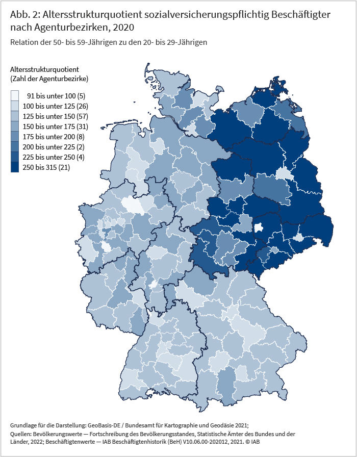 Die Karte zeigt auf der Ebene der Agenturbezirke, wie sich die Regionalwerte des Altersstrukturquotienten (Relation der 50- bis 59-jährigen Beschäftigten zu den 20- bis 29-jährigen Beschäftigten) räumlich verteilen. Quelle: Fortschreibung des Bevölkerungsstandes, Statistische Ämter des Bundes und der Länder, 2022; Datenauszug BeH, Vers. 2021