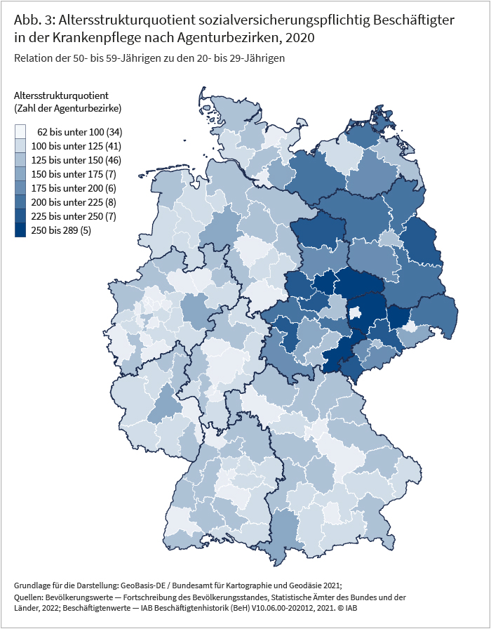 Die Karte zeigt, analog zu Abbildung 2, die räumliche Verteilung des krankenpflegespezifischen Altersstrukturquotienten (Relation der 50- bis 59-jährigen Beschäftigten in der Krankenpflege zu den 20- bis 29-jährigen Beschäftigten in der Krankenpflege). Quelle: Fortschreibung des Bevölkerungsstandes, Statistische Ämter des Bundes und der Länder, 2022; Datenauszug BeH, Vers. 2021