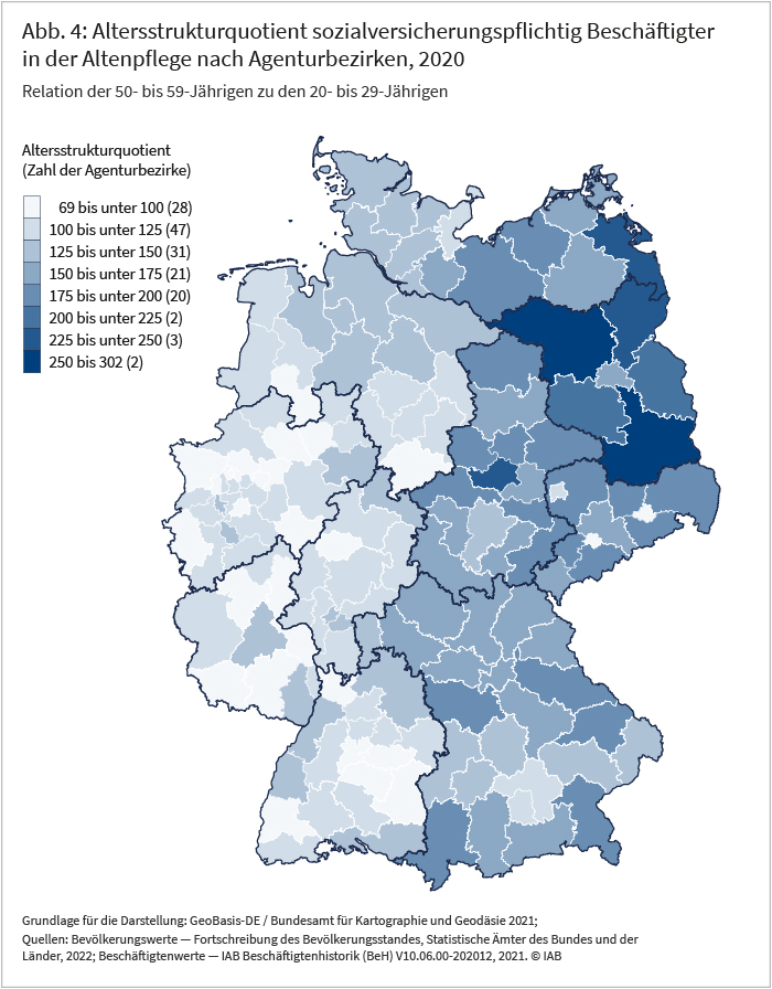 Die Karte zeigt, analog zu den Abbildung 2 und 3, die räumliche Verteilung des altenpflegespezifischen Altersstrukturquotienten (Relation der 50- bis 59-jährigen Beschäftigten in der Altenpflege zu den 20- bis 29-jährigen Beschäftigten in der Altenpflege).