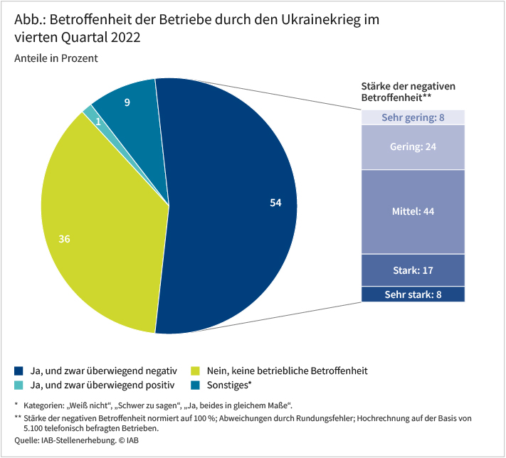 Die Abbildung zeigt die Betroffenheit der Betriebe durch den Ukraine-Krieg im vierten Quartal 2022. Der Großteil der Betriebe sieht sich überwiegend negativ betroffen (54 Prozent), wobei die Ausprägung dieser Betroffenheit variiert (sehr gering: 8 Prozent, gering: 24 Prozent, mittel: 44 Prozent, stark: 17 Prozent, sehr stark: 8 Prozent). 36 Prozent der befragten Betriebe stellen keine Betroffenheit fest, während ein Prozent von einer überwiegend positiven Betroffenheit berichten. Quelle: IAB-Stellenerhebung. © IAB