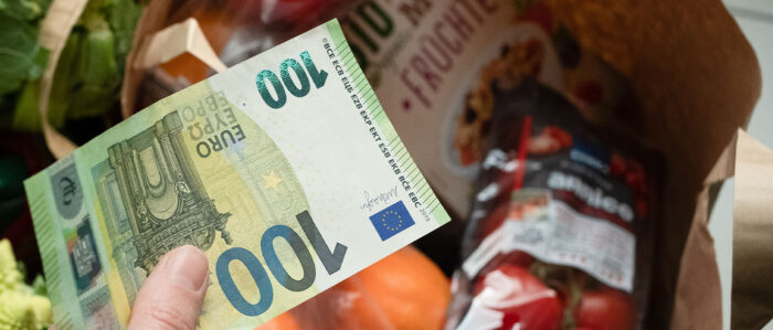 Hände einer Frau, die hält einen Hundert-Euro-Schein bzw. einen Geldbeutel mit weiteren Banknoten halten. Im Hintergrund sind zwei Tüten mit Einkäufen.