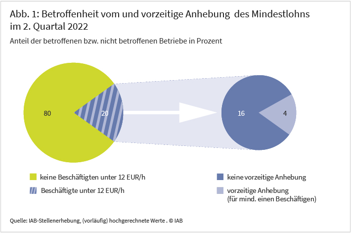 Abbildung 1 zeigt den Anteil aller Betriebe im zweiten Quartal 2022, die mindestens eine Mitarbeiterin oder einen Mitarbeiter mit einem Brutto-Stundenlohn von weniger als 12 Euro beschäftigten und somit von der bevorstehenden Erhöhung betroffen waren, sowie den Anteil der Betriebe an den betroffenen Betrieben, die Löhne bereits vor der Mindestlohnerhöhung auf 12 Euro angehoben haben. 