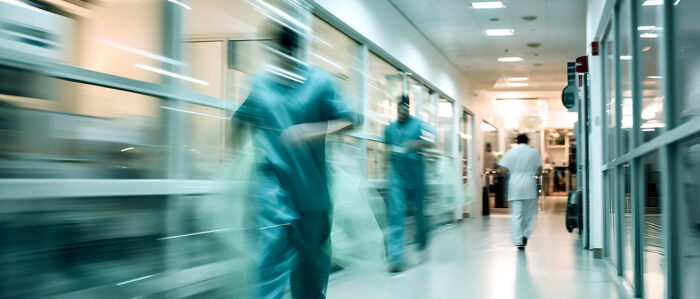 Pfleger und Ärzte eilen durch Korridor in einem Krankenhaus. Bild mit Bewegungsunschärfe